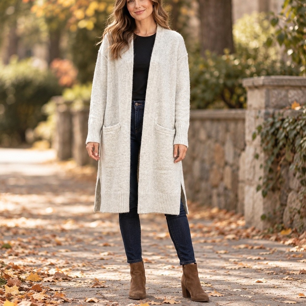 Calvin Klein Jeans XL Cream Longline Open Front Alpaca Blend Sweater Duster